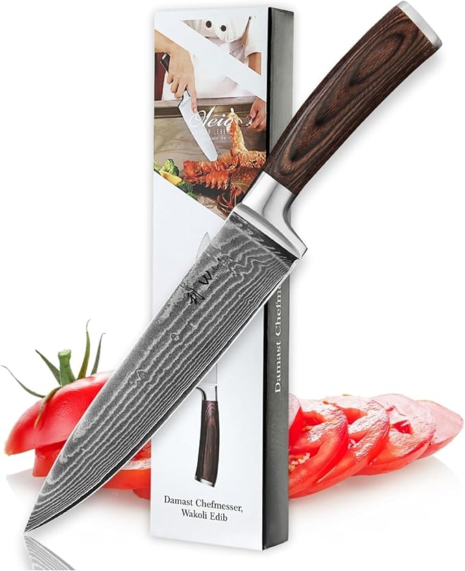 Wakoli EDIB Damascus Chef Knife – 7.9-Inch Japanese Style Kitchen Knife | Genuine 67-Layer Damascus Steel Blade with VG10 Core | Ergonomic Pakkawood Handle | Professional Cooking Knife in Gift Box