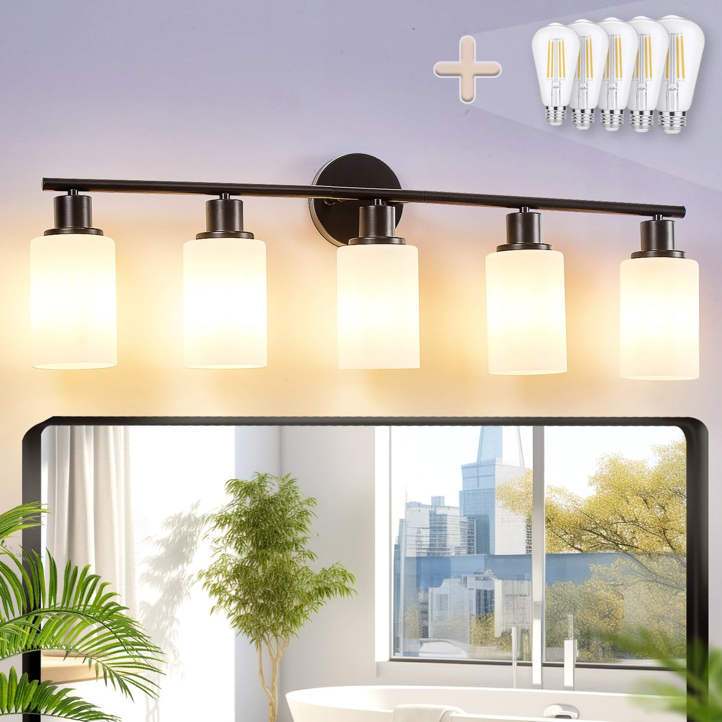 DINGLILIGHTING 5-Light Bathroom Light Fixtures, Black Metal Vanity Lights, Milky White Glass Shade, Modern Design