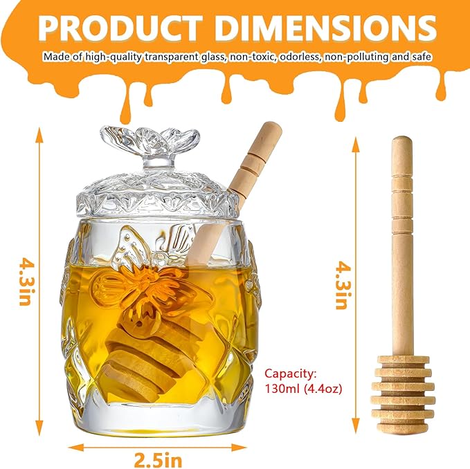 kanpura Clear Crystal Honey Jar with Dipper and Lid, Honey Bee Pot, 4.5oz Glass Honey Pot for Christmas Home Kitchen Decor