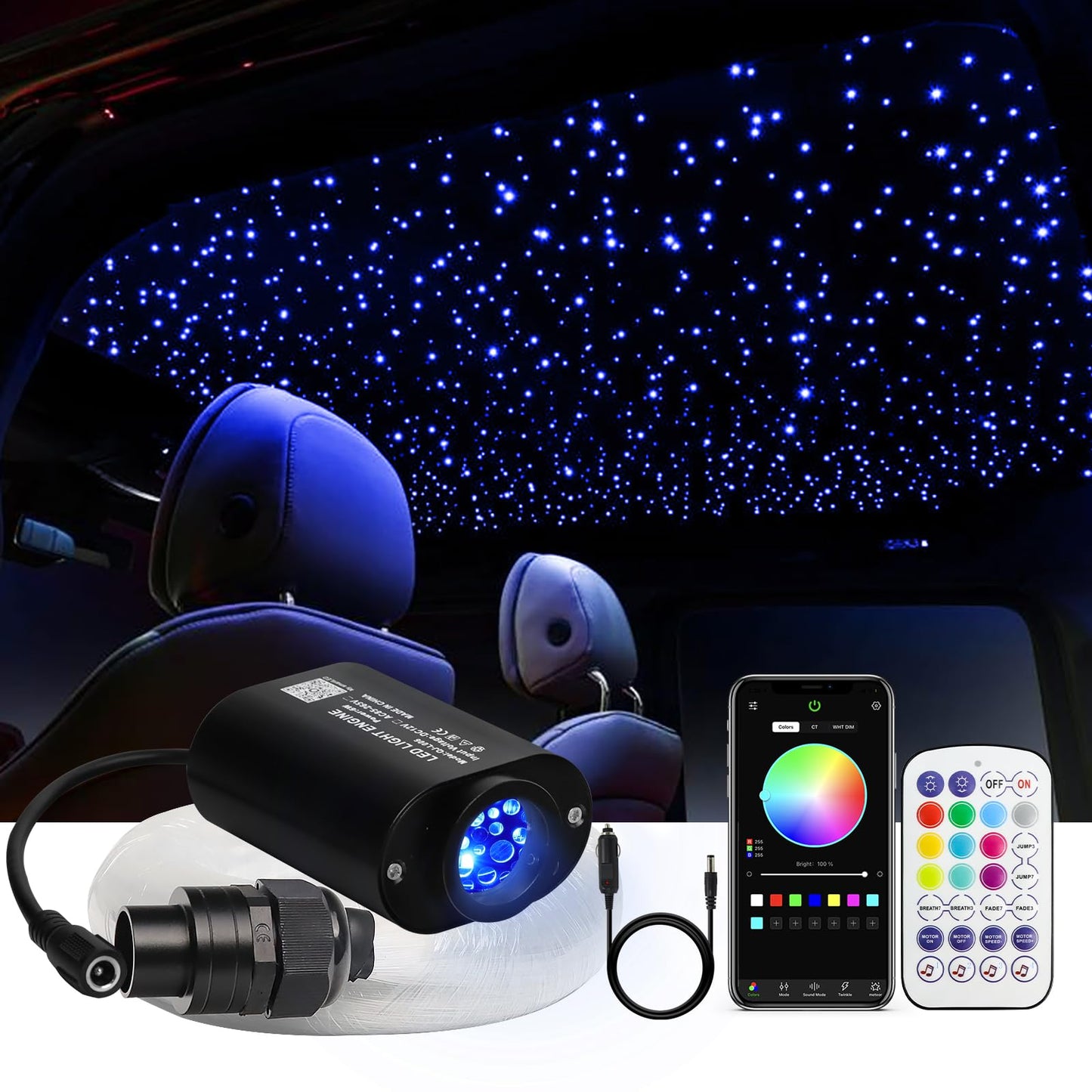 WEBUPAR 6W Car Twinkle Fiber Optic Starlight Headliner Kit, 400pcs, Multi-color, Model QJ-L006, Sound-Activated with APP & Remote Control