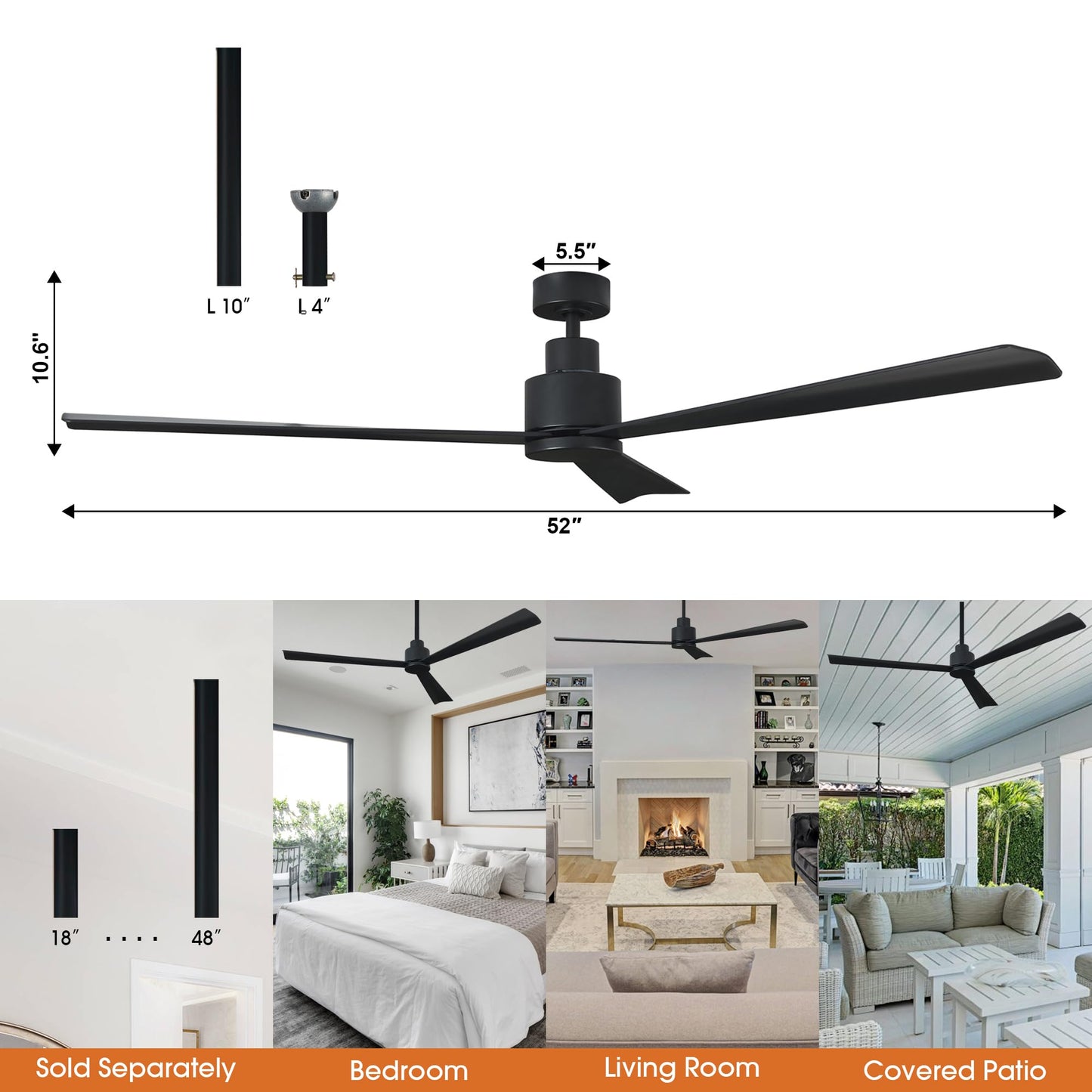 Black Ceiling Fans Without Lights, 52 Inch Ceiling Fan No Light For Bedroom, Industrial Outdoor Ceiling Fans For Patios, Remote