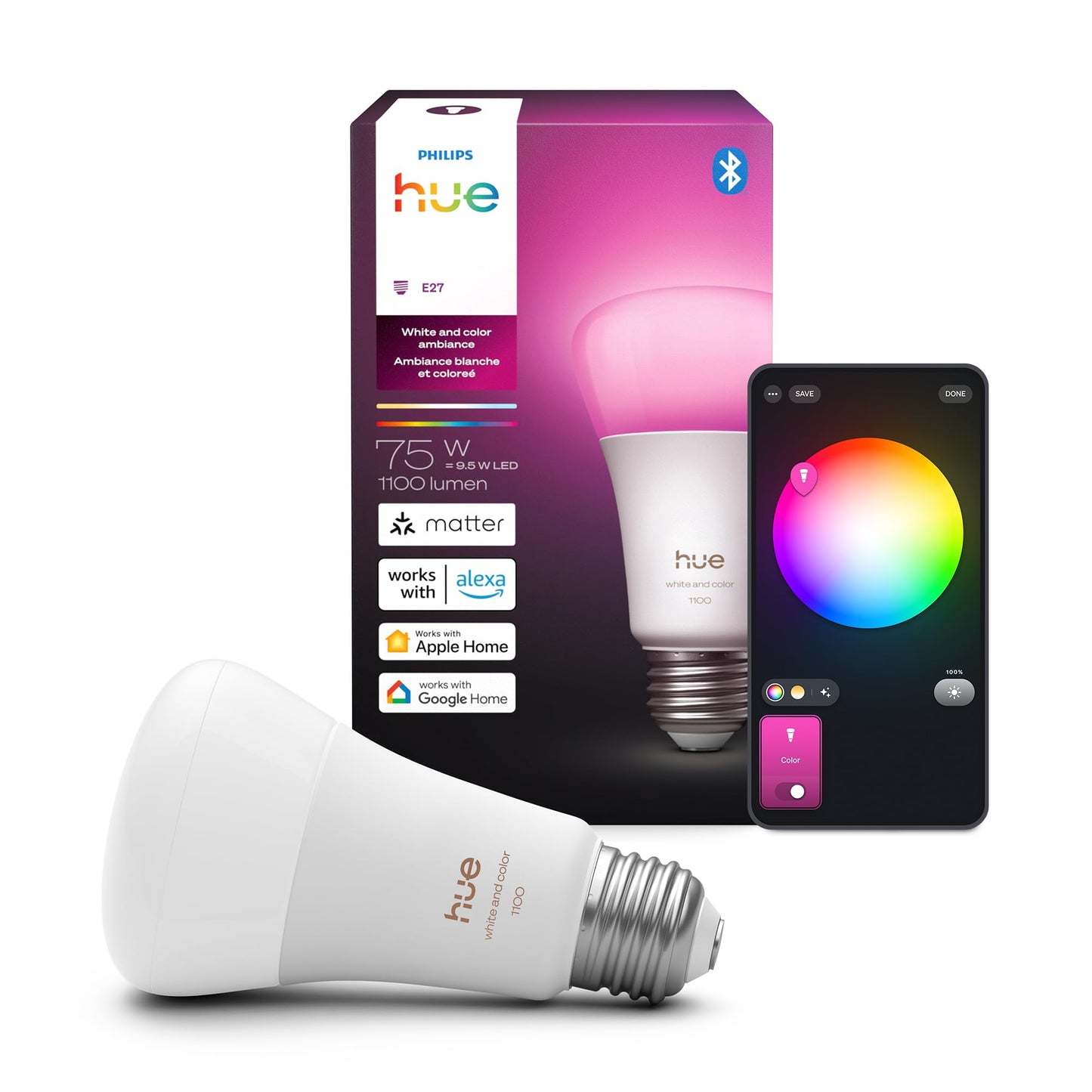 Philips Hue Smart LED A19 Bulb 1-Pack, White & Color Ambiance, E26 Base, 10.5W, Full Spectrum Light 1000K-20000K, 1100 Lumens, Dimmable, Works with Alexa, Google, Apple