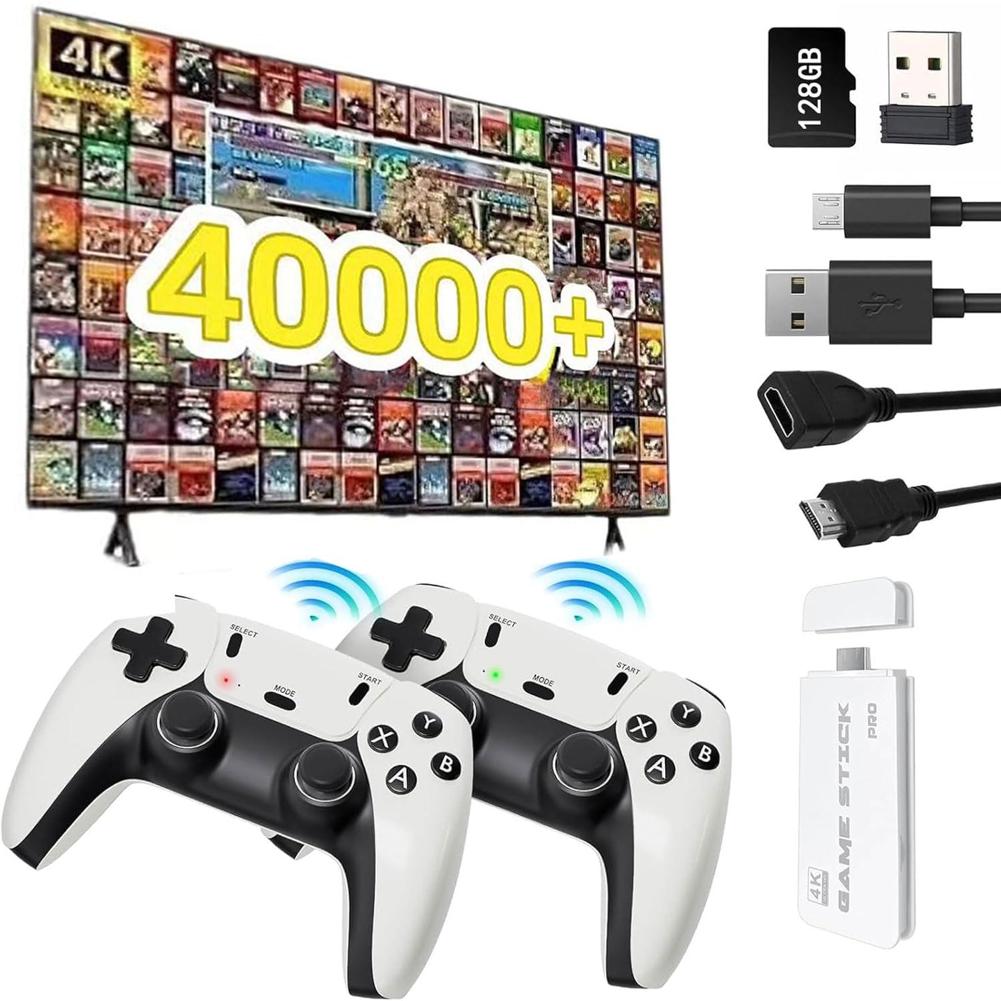 Retro Game Console Stick Pro, Built-in 23 Emulators 40000+ Classic Video Games with 4K HDMI and Dual 2.4G Wireless Controllers (128GB) Plug Preloaded Electronic Game (128G)