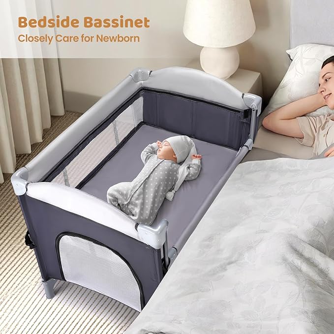 JOYMOR Pack and Play with Changing Table, 5-in-1 Portable Baby Bedside Bassinet with Storage, Travel Crib with Carry Bag, Compact Fold (Gray)