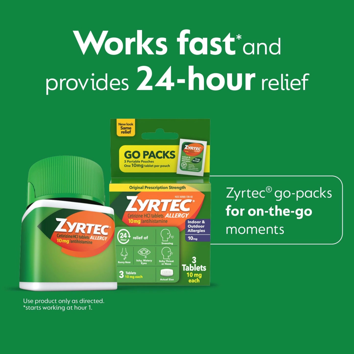 Zyrtec 24 Hour Allergy Relief Tablets, Indoor and Outdoor Allergy Medicine with 10 mg Cetirizine HCl per Antihistamine Tablet, Bundle Pack, 60 ct + 3 ct Travel Packs, 63 Count
