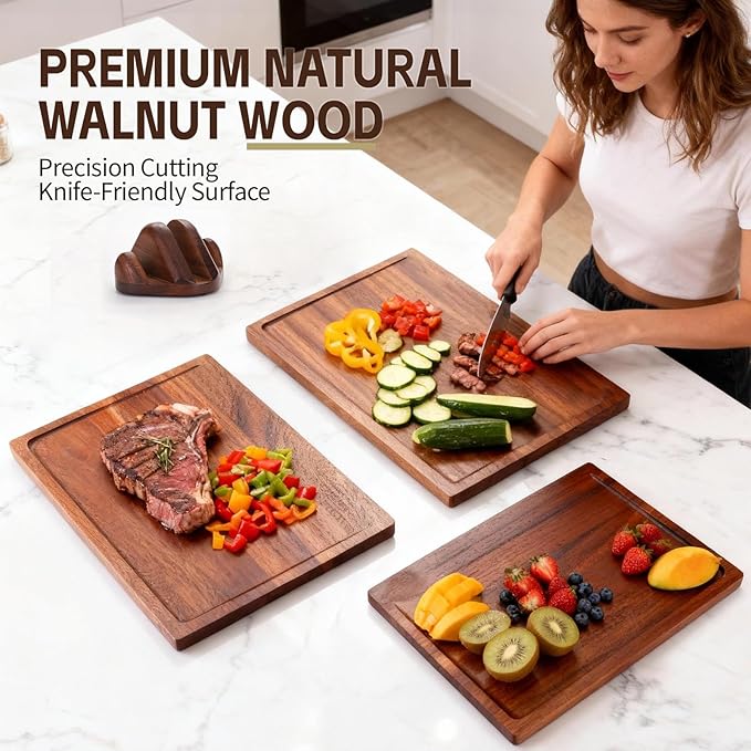 Walnut Wood Cutting Boards for Kitchen, 3 PCS Wooden Cutting Board Set with Holder Large to Small, Chopping Board Set with Deep Juice Grooves, Non Toxic Serving Tray, Perfect Mother's Day Gifts