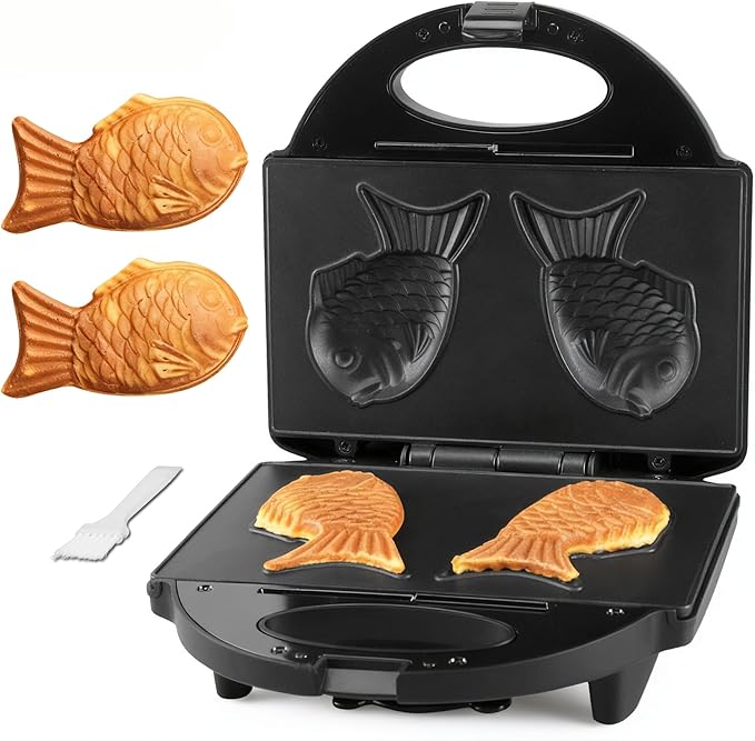 Taiyaki Fish Waffle Maker Machine with Non Stick Cooking Plate, Electric Japanese Fish Shaped Waffle Iron Pan, Korean Bungeoppang Pan, Recipe Included