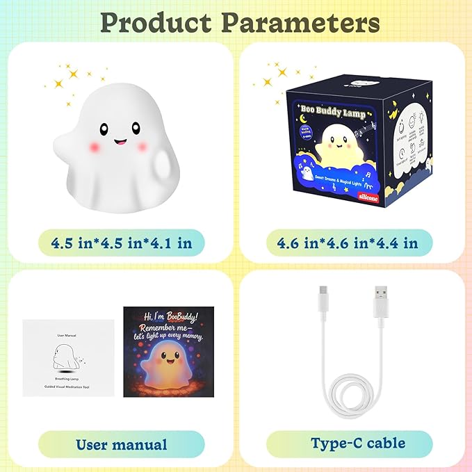 Rechargeable Night Light for Kids, RGB Ghost Night Lights 30-Min Timer/9 Sounds/9 Sleep Music/Touch Sensor, Multi-Color Silicone LED Night Lamp for Bedroom Nursery Room Christmas Decor