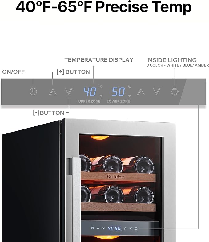 Ca'Lefort 15 Inch Wine Fridge Cooler - 28 Bottles Dual Zone Cooler with Glass Door, 3 LED Built-in Compressor Fridge with Adjustable Shelves for Home Office Bar (3.0 cu.ft)