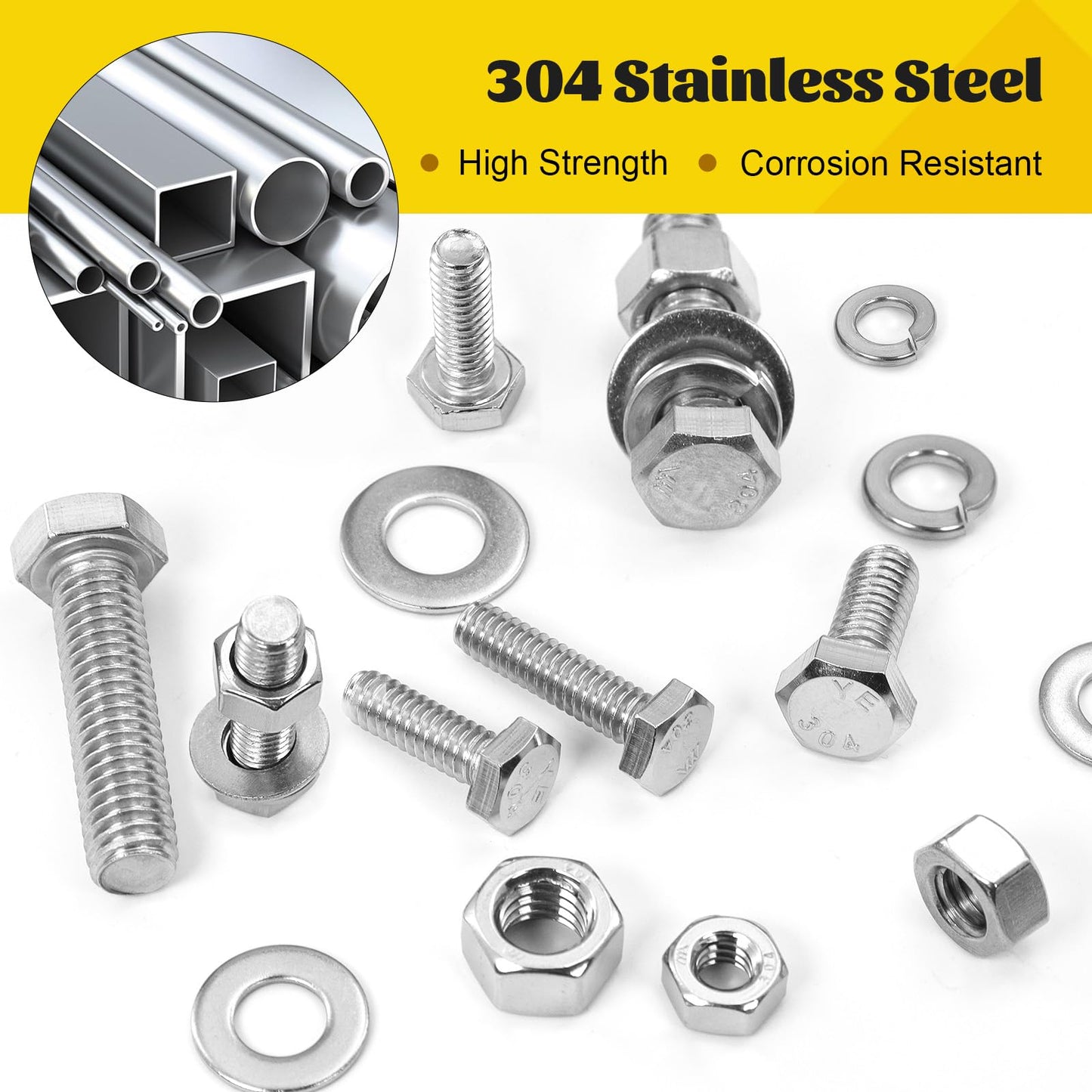 Fgruh 224PCS 1/4''-20 Hex Bolts and Nuts Assortment Kit,1/4-20 x 1/2'', 3/4'', 1'', 1-1/2'', 2'', 2-1/2'', 3'' SAE Stainless Steel Bolts Nuts and Washers Assorted Set, Fully Threaded