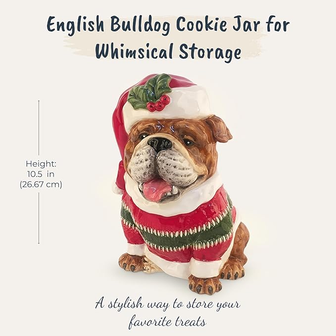 Blue Sky Clayworks Bulldog Cookie Jar, Ceramic, Holiday Sweater Kitchen Keepsake
