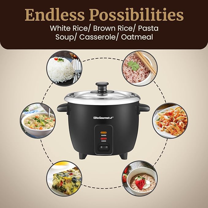 Elite Gourmet ERC006XSS 6-Cup Electric Rice Cooker with 304 Surgical Grade Stainless Steel Inner Pot, Makes Soups, Stews, Porridges, Grains and Cereals, 6 cup (3 cups uncooked), Black