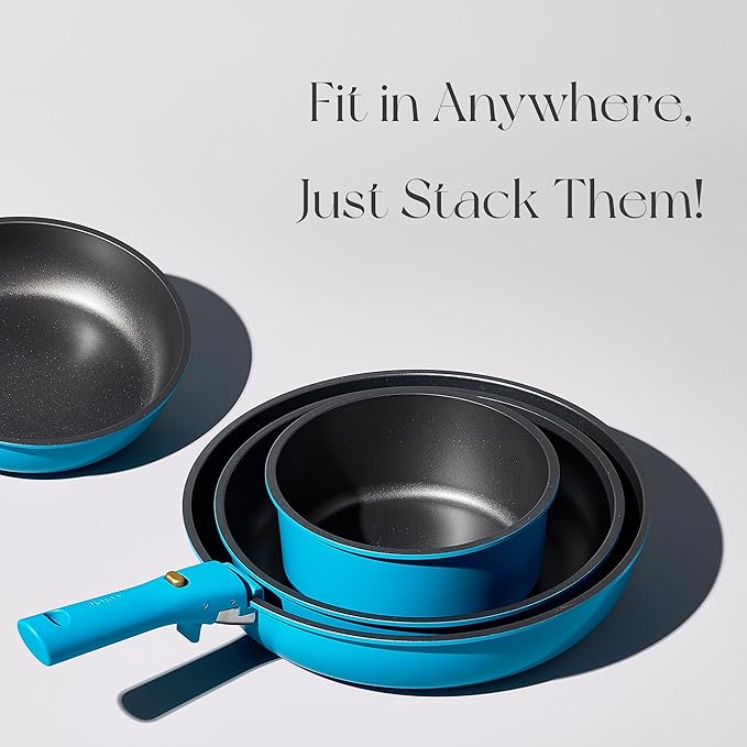 CAROTE 20pcs Pots and Pans Set, Nonstick Cookware Set Detachable Handle, Induction Kitchen Cookware Sets Non Stick with Removable Handle, RV Cookware Set, Peacock Blue
