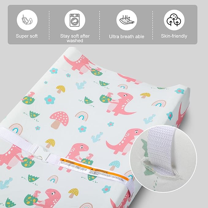 Changing Table Pad Cover Elastic Changing Pad Cover Premium Baby Changing Pad Cover 2 Pack for Boys Girls Soft and Comfortable (Dinosaur Eggs and Cloud Babies)