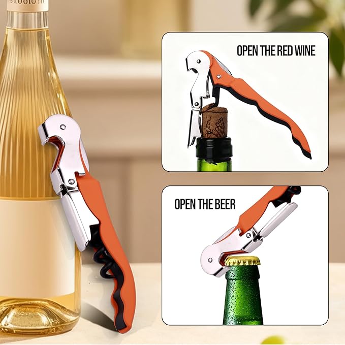 Soft Velvet Touch Waiters Double Hinge Corkscrew Wine Key Bottle Opener，Heavy Duty Waiter Corkscrew, Foil cutter and Bottle Opener,2-pack (2, Orange)