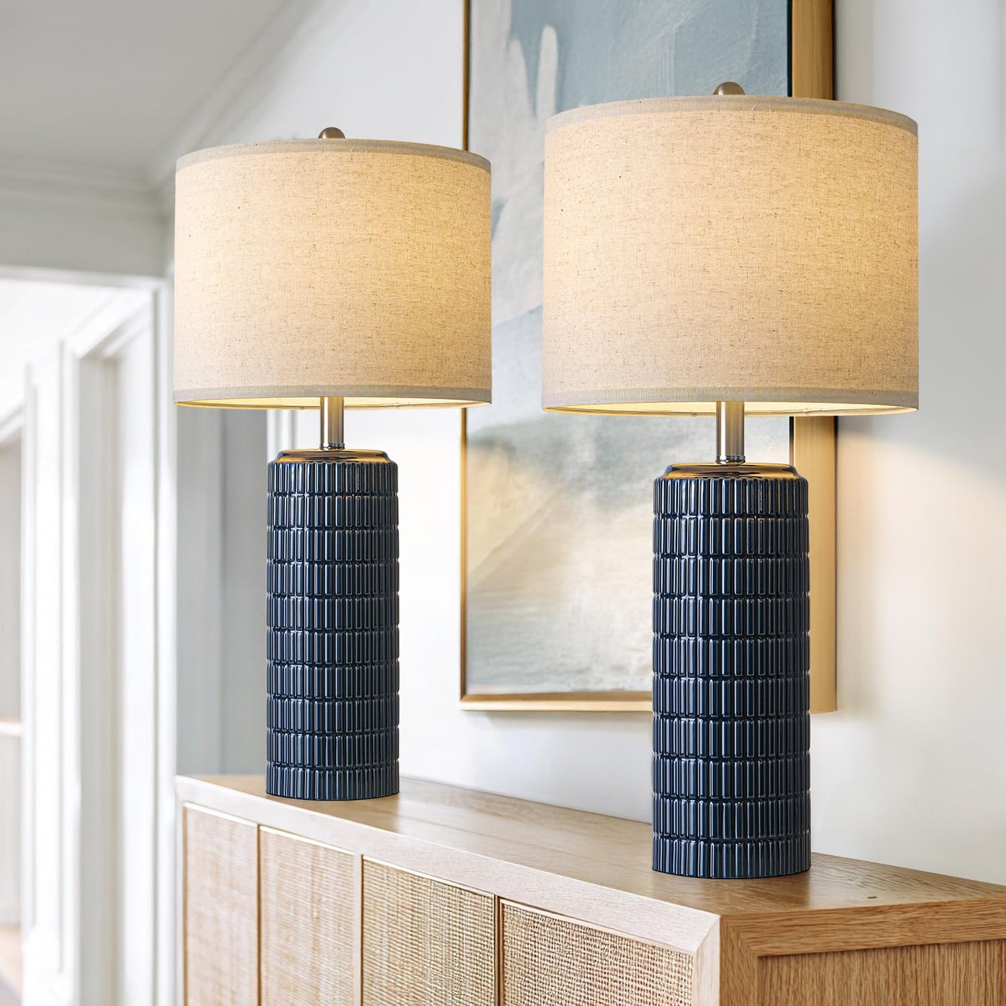 PoKat Table Lamps Set of 2, 27.5in  Tall Ceramic, Dark Blue, Modern Design for Living Room and Bedroom, Model AMZ-T1102L-BL