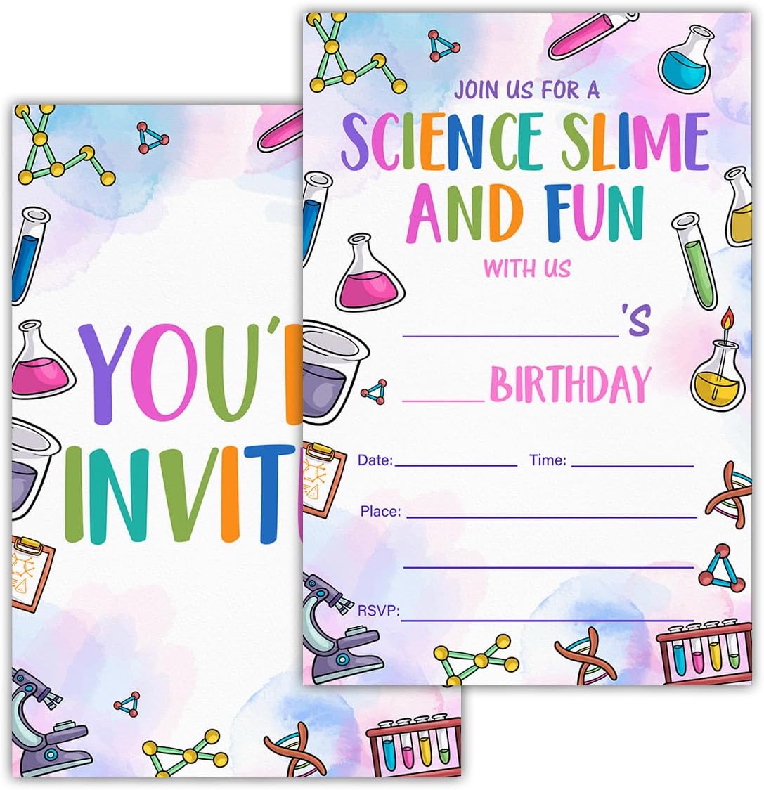 Science Birthday Invitations With Envelopes (20 Count), Science Slime Birthday Party Fill in Invites Cards, Double Sided Design