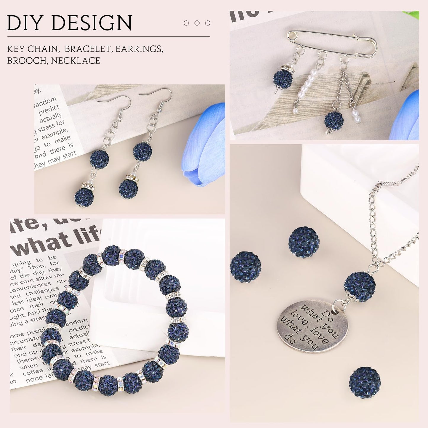200pcs 10mm Blue Black Rhinestone Beads for Jewelry Making, Shiny Round Shamballa Disco Ball Beads Bulk, Sparkle Crystal Clay Christmas for Bracelet Baseball Necklace Earring Crafting and DIY