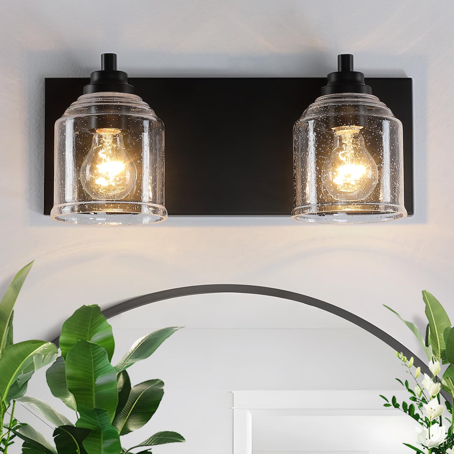 YKLITG Bathroom Vanity Light, 2-Light Black Metal with Bubble Glass Shades, Model BD005 S, 15.8in Farmhouse Rustic Decor