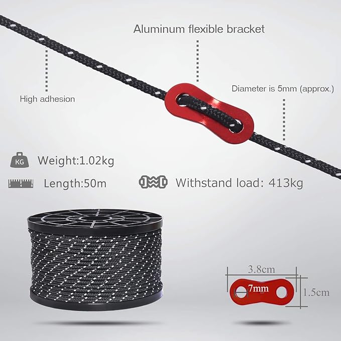 HIKEMAN 50m Reflective Guyline Solid Braid Nylon Camping Rope with Aluminum Adjuster Cord Tensioner Tent Accessory for Outdoor Travel,Hiking,Backpacking and Water Activities (Black, 5mm)