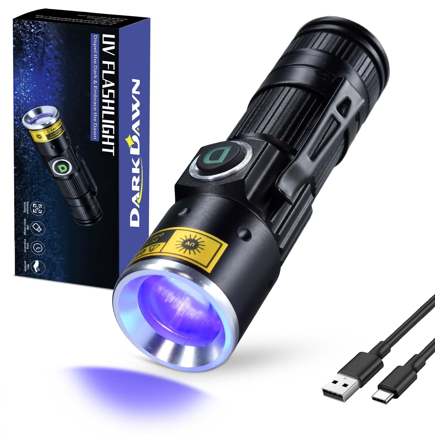 Darkdawn Uv 365Nm Black Light Flashlight, Usb Rechargeable, Portable Mini, Aluminum, D15 Model, Ideal For Stain Detection, 1-Pack