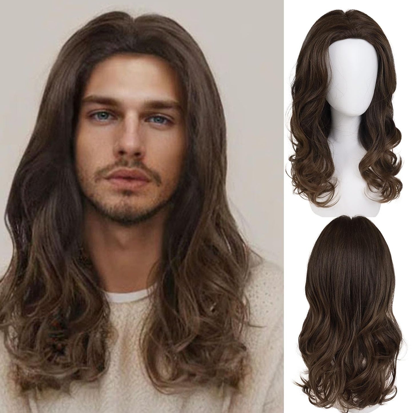 GNIMEGIL Sophisticated Long Wavy Cosplay Wig for Men in Rich Brown Natural Curly Wig Gentleman Halloween Costume Roleplay Wigs B