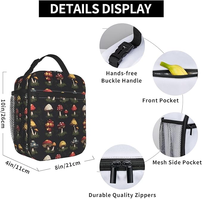 Mushroom Lunch Box Insulated Lunch Bag for kids Girls Boys,Reusable Lunch Box Containers for Women Men,Durable Cooler Tote Bag Lunchbox for Office/School/Picnic