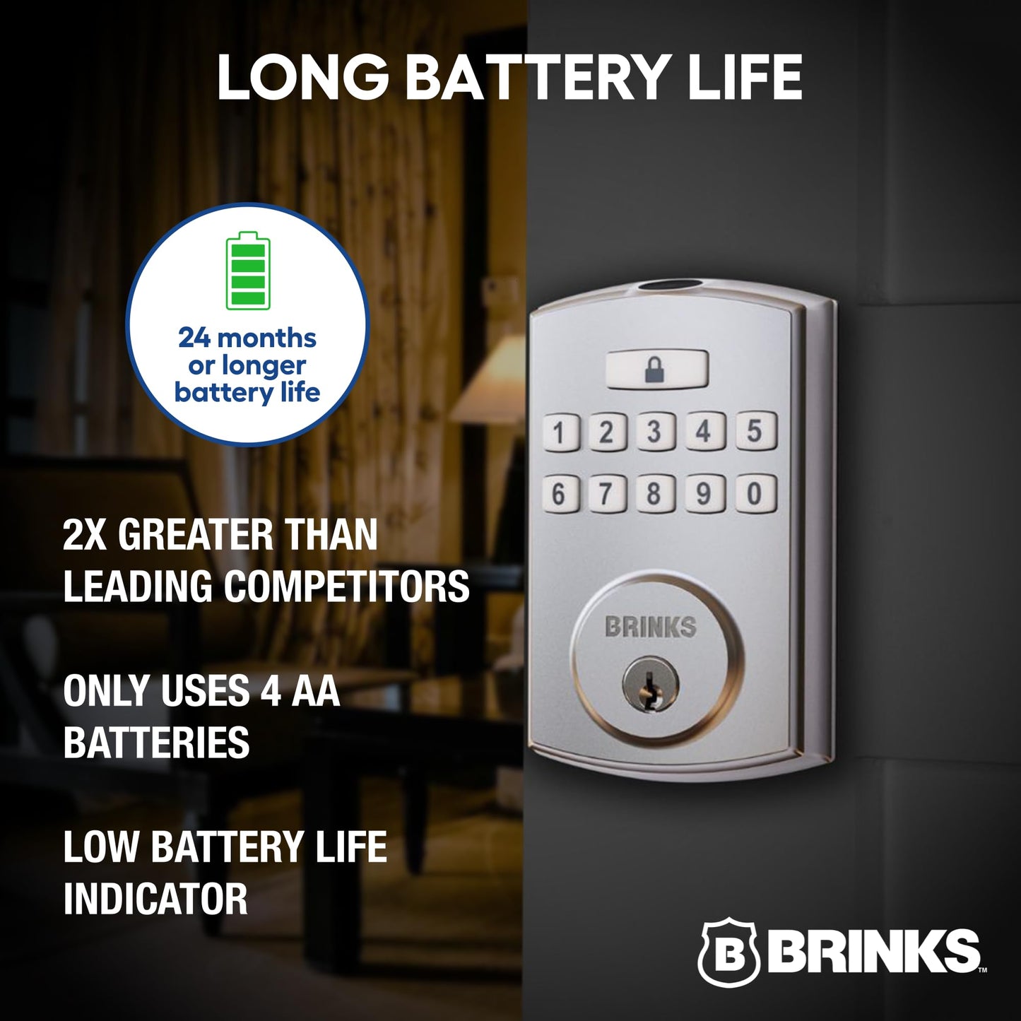 BRINKS Security Door Locks, High-Security Keyless Entry, Smart Electronic Door Lock with Deadbolt, Up to 50 Codes, Automatic Locking (Deadbolt, Satin Nickel)