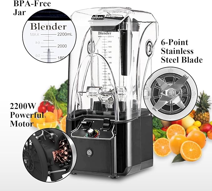 Commercial Blender for Smoothies 2200W With Soundproof Cover, 2200 ML, 15 Speeds, 6-leaves Stainless Steel Blade,Heavy Duty Blender for Restaurant, Smoothie,Ice Crush,Shakes, 9.5"D x 9"W x 19.7"H
