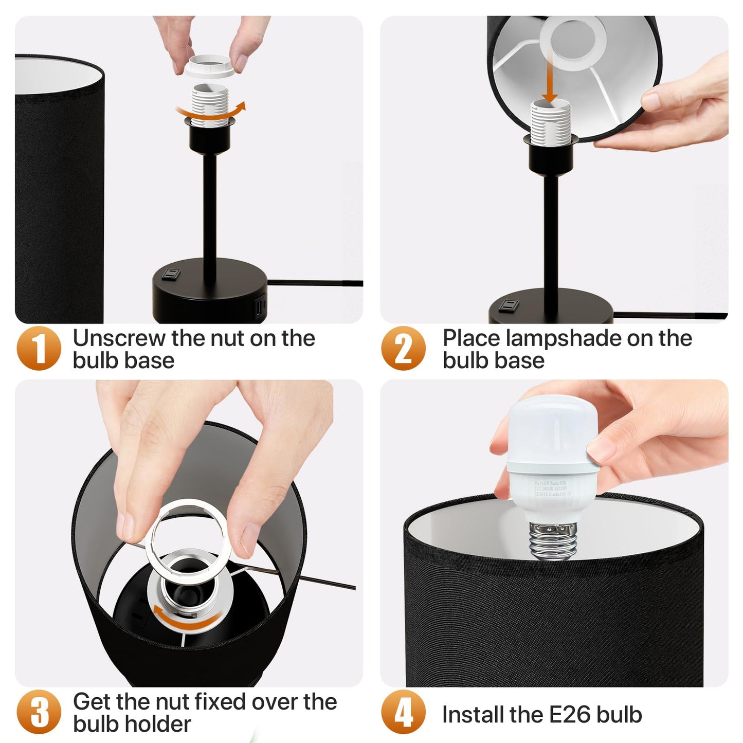 KPQ Touch Control Table Lamp with USB Ports & AC Outlet, 14in Small Size, Black Shade-Black Base, 3-Way Dimmable, Linen Fabric Shade