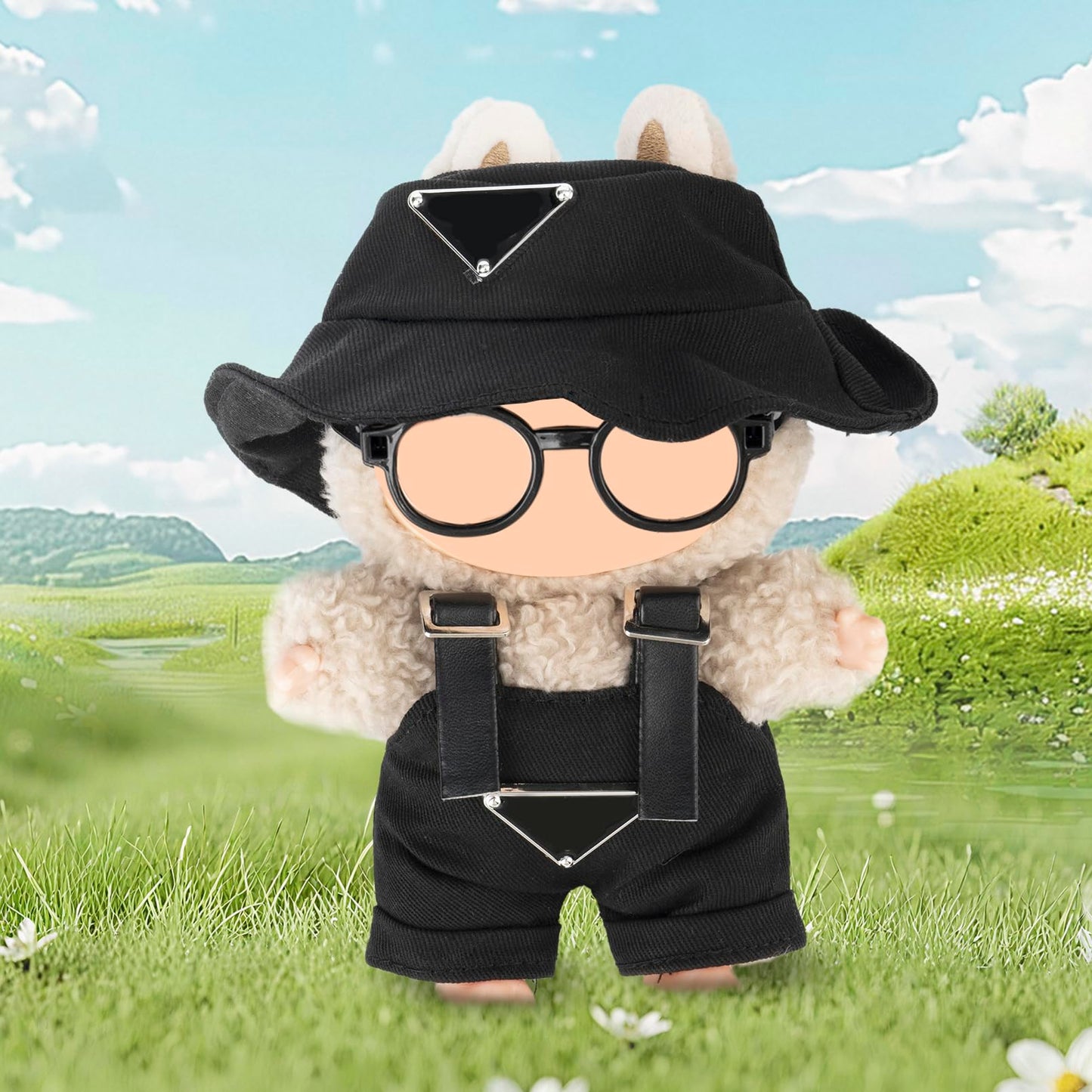Clothes for Labubu(NO Doll) - Hat & Overalls Set for Labubu for LABUBU 17CM Dolls, Handcrafted Crochet Clothes Set, Premium Fashion Cute Outfit for Dress Up, Play & Collector Display (Black)