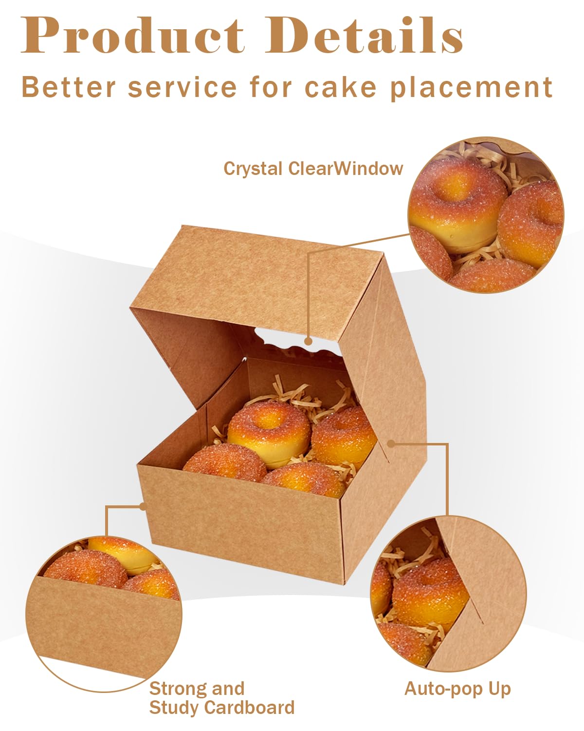 qiqee Auto-pop up 6x6x3 Inch Brown Cookie Box with Window 30Pcs Pastry Macaron Bakery Box For Packaging