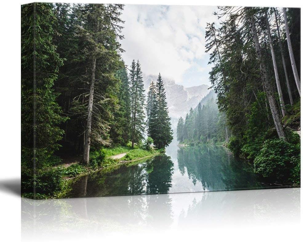 wall26 Canvas Print Wall Art Fall Green Forest with Lake Reflection Nature Wilderness Photography Modern Art Rustic Scenic Colorful Multicolor for Living Room, Bedroom, Office - 32"x48"