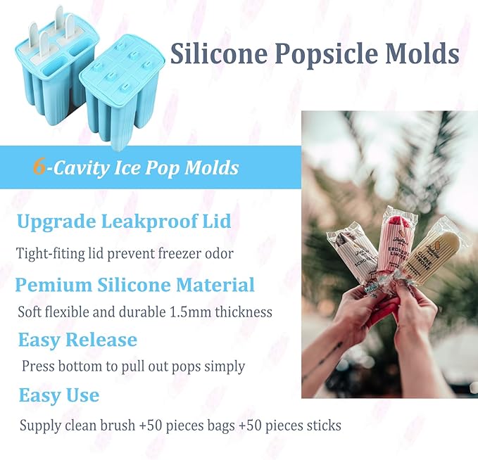 Silicone Popsicle Molds with Sticks Wpunwen 6 Cavity Ice Popsicle MoldsIce Cream Mold with Clean Brush 6 Reusable Sticks 50 Sticks 50 Bags Blue