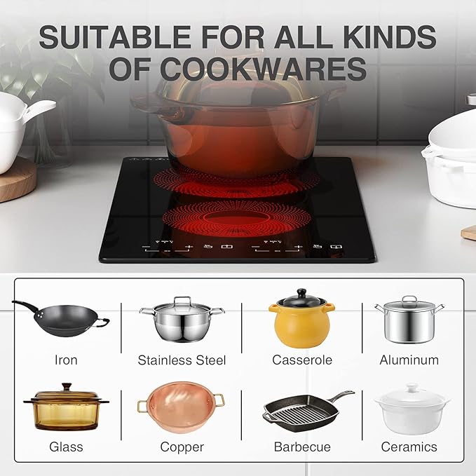 12" Electric Induction Cooktop - 2 Burner 110V Stove Top - Infrared Heating, Built-in Double Burner Cooktop with 20 Temperature Settings, Compatible with All Cookware
