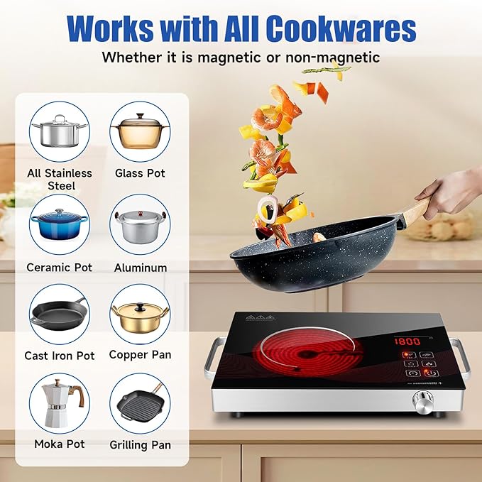 Electric Hot Plate Single Burner for Cooking, Portable Countertop Free Standing Stove Single Burner, 2200 watts Glass Ceramic Cooktop with Timer…