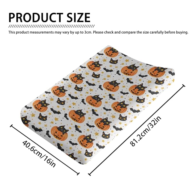 Cute Halloween Pumpkin Cat Bats Stars Pattern Baby Changing Pad Cover, Unisex Fall Winter Holiday Nursery Diaper Changing Table Pad Mat Sheet for Boys Girls-16x32
