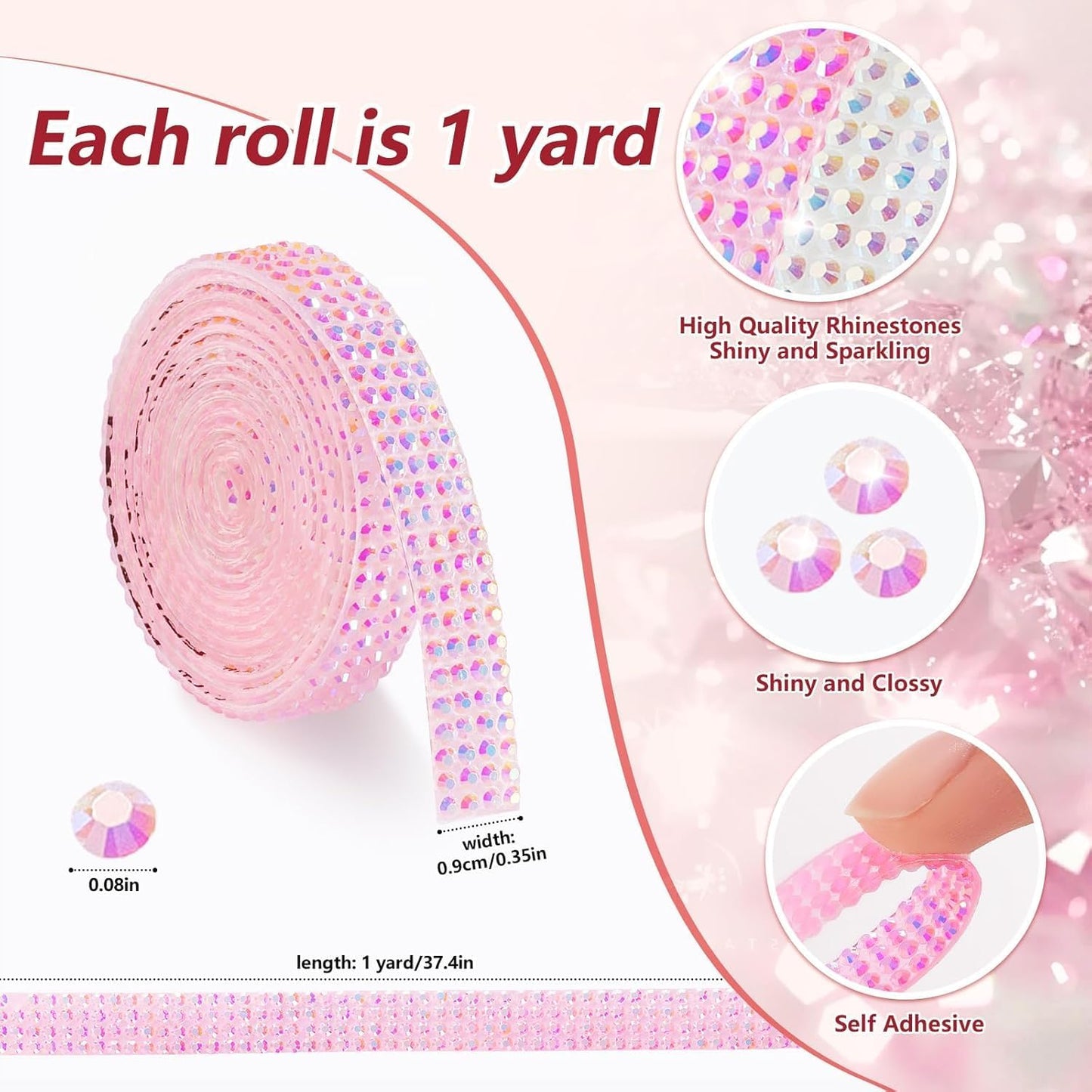 Rhinestone Ribbon Self Adhesive, 10-Rolls Bedazzling Strips, 10-Yard Rhinestone Strips for DIY Craft, Rhinestones for Crafting, 10 Colors
