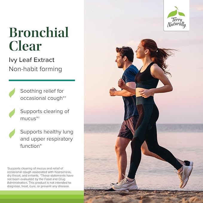 Terry Naturally Bronchial Clear Ivy Leaf Extract Chewable - Lung & Respiratory Health Support Supplement - Dietary Supplement with English Ivy Leaf Extract - 60 Chewable Tablets (60 Servings)