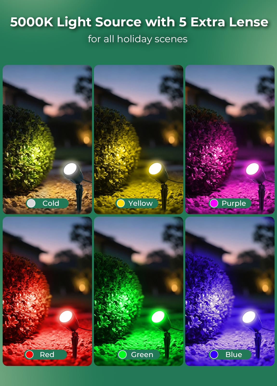 Gmalos Christmas Spotlights Outdoor  120V Plug-In Halloween Spot Light  5000K Led Landscape Lighting With 5 Color Lenses (Red Green Blue Purple Yellow)  Ip67 Waterproof  4 Pack
