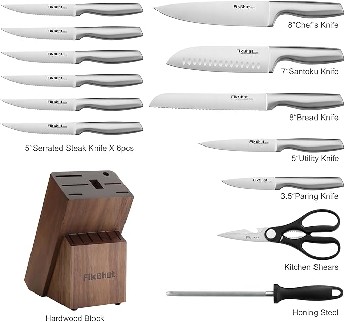 Knife Block Set, Kitchen Knife Sets with Block, FIKSHOT Knives Set - Razor-Sharp Santoku Knives, Fruit and Kitchen Sets - Rust Resistant for Homecooks (Silver + Walnut)