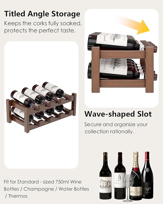 Countertop Wine Rack for Inside Cabinet, Solid Wood 2-Tier Wine Racks for 8 Bottles, Pinewood Liquor Storage Shelf, Wooden Water Bottle Organizer for Pantry, Kitchen, Bar, Dining Room (Walnut)