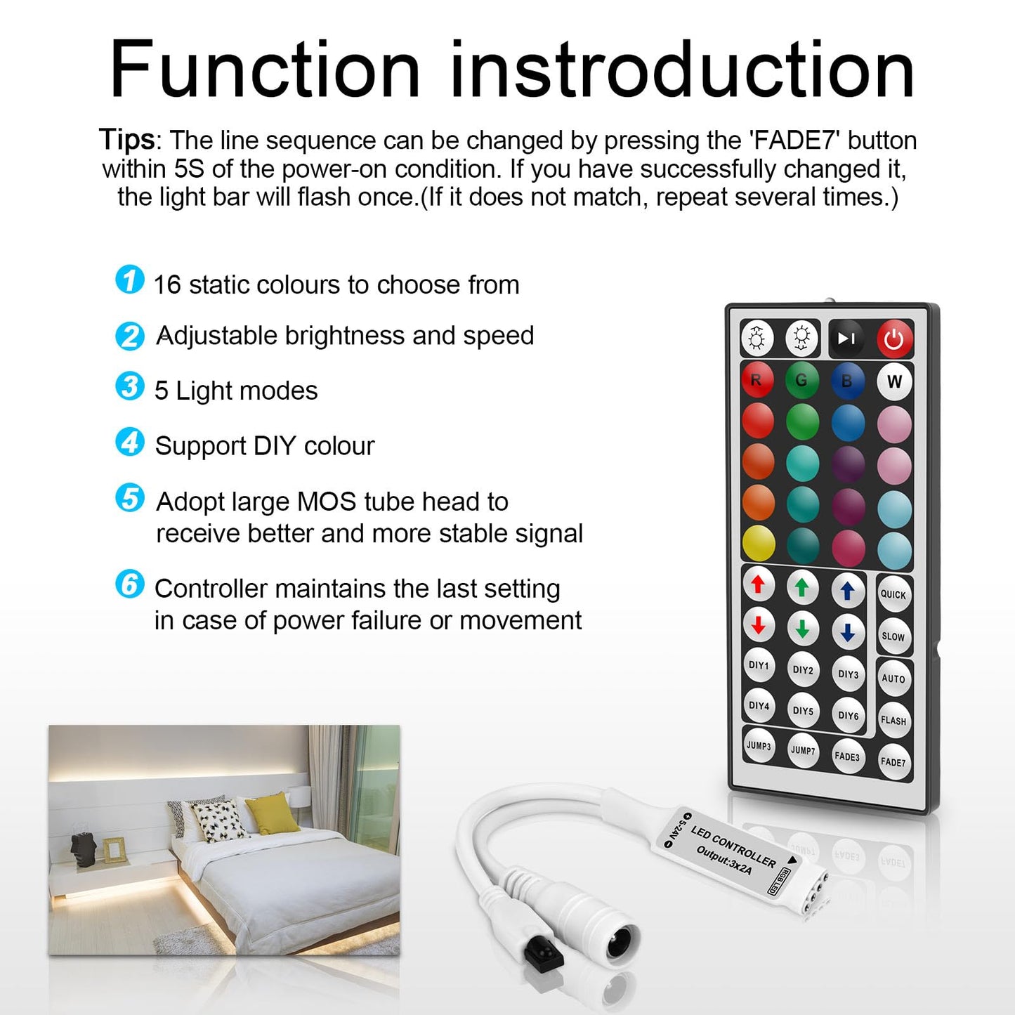 VIPMOON 44 Key IR RGB LED Strip Light Remote Controller, DC 5V-24V, Plastic, Multicolored, Model MT44KEY