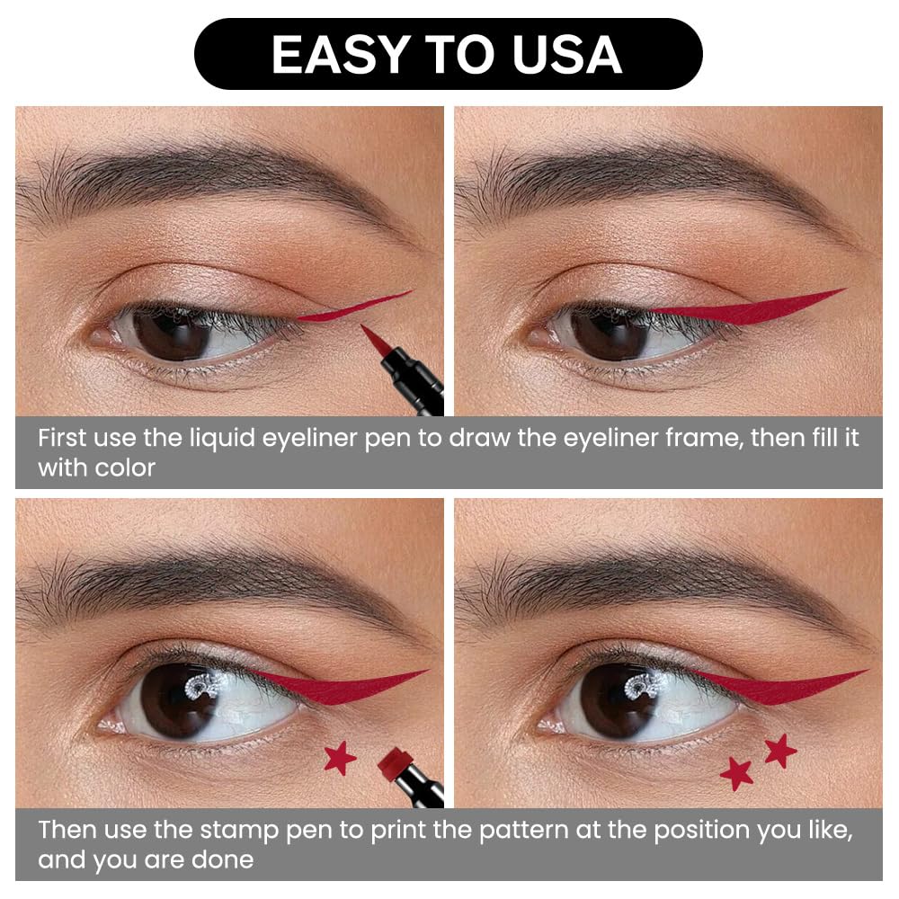 evpct 1Pcs 2-in-1 Red Colored Winged Eyeliners Stamp, Red Stars Face Stamps Makeup, Waterproof Eyeliner Eye Stamp Liners Tool Se