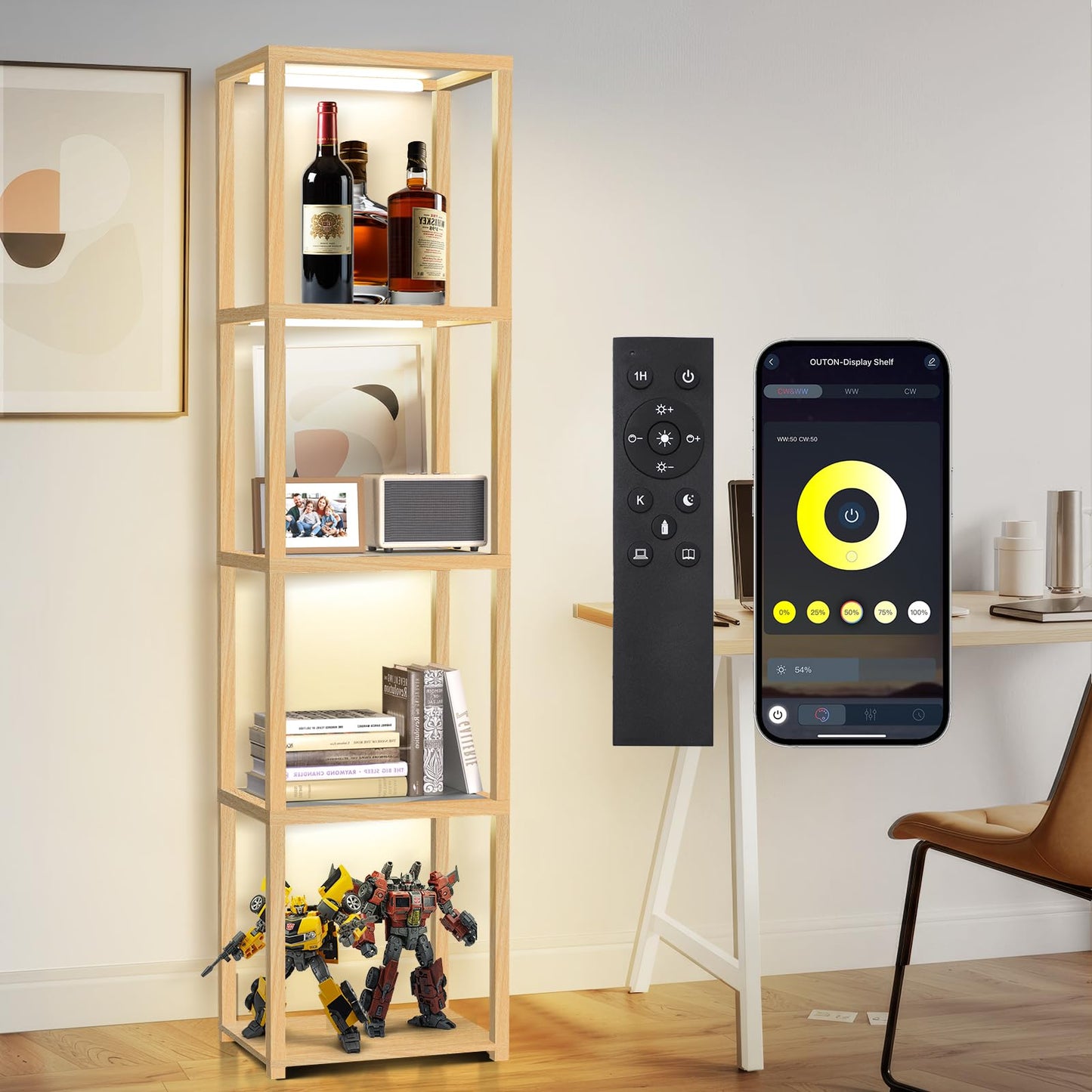 OUTON 67in Glass Display Shelf with LED Floor Lamp, 5 Tier Open Bookshelf, Wood, Model ZSJ01, Size 39x29x170 cm
