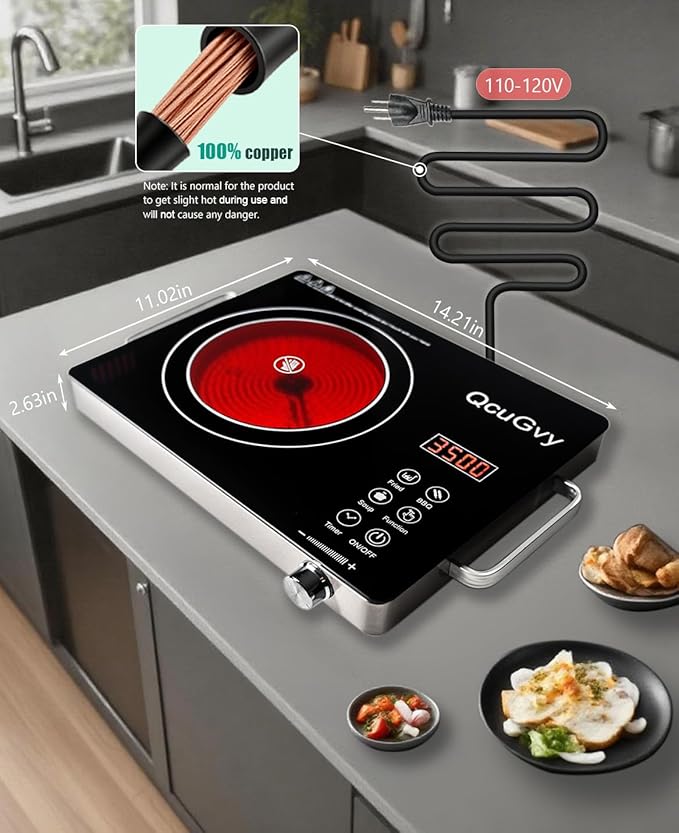 Portable Infrared Burner 3500 Electri Burner with 3 Hours Timer-Electric Hot Plate Touch Control Panel Adjustable Heating Power Glass Plate Electric Cooktop for Cooking (Black)