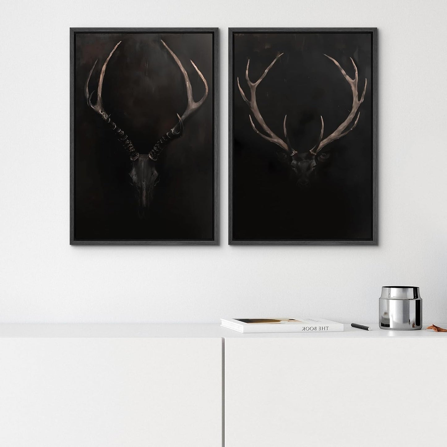 SIGNWIN Framed Canvas Print Wall Art Rustic Antler Skull Dark Dramatic Black Vintage-Inspired Deer and Elk Antlers Illustrations Decorative for Living Room, Bedroom, Office - 16"x24"x2 Black