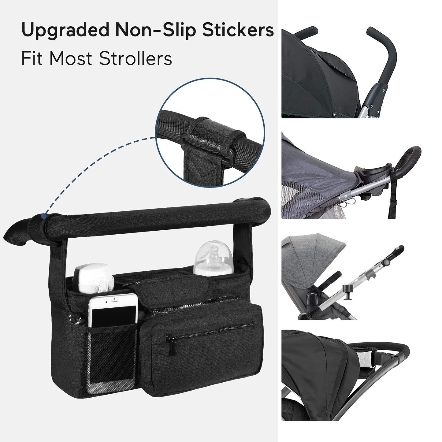 Momcozy NON-SLIP Universal Stroller Organizer | Insulated Cup Holder | Detachable Phone Bag & Shoulder Strap | Fits Uppababy, Baby Jogger, Britax, BOB, Umbrella and Pet Stroller