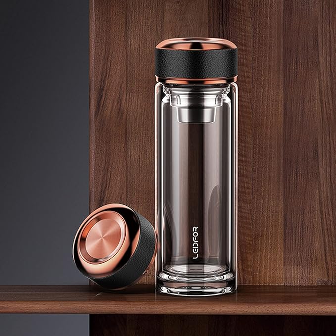 Tea Infuser Bottle - BPA Free Double Wall Glass Travel Tea Mug With Stainless Steel Filter - Leakproof Tea Tumbler with Strainer for Loose Leaf Tea and Fruit Water 17 oz Lily