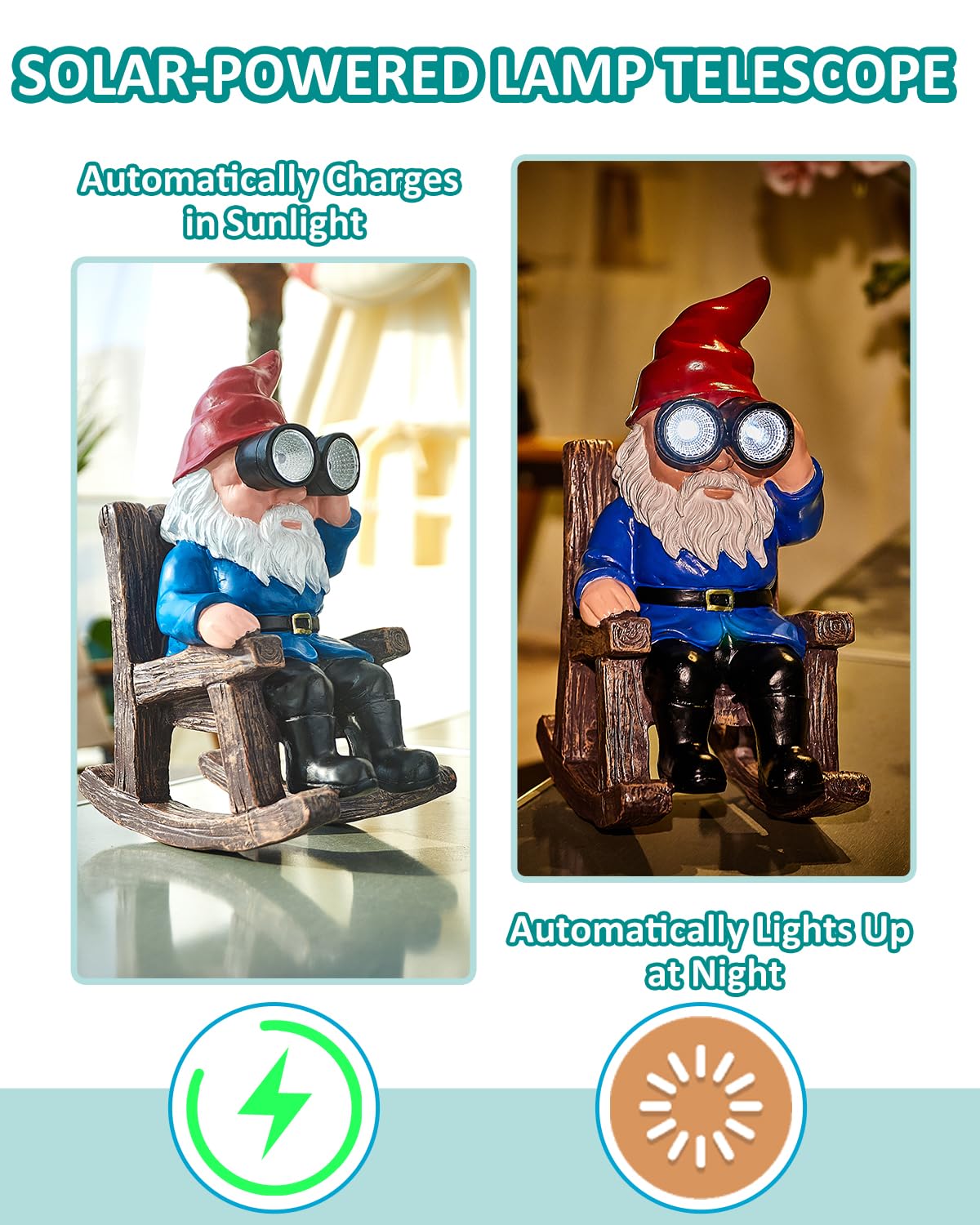 Galotrek Solar Garden Gnome Statues Resin Gnome Figurines Sitting On Rocking Chair Outdoor Telescope Gnome Gifts For Yard  Patio Decor Gift